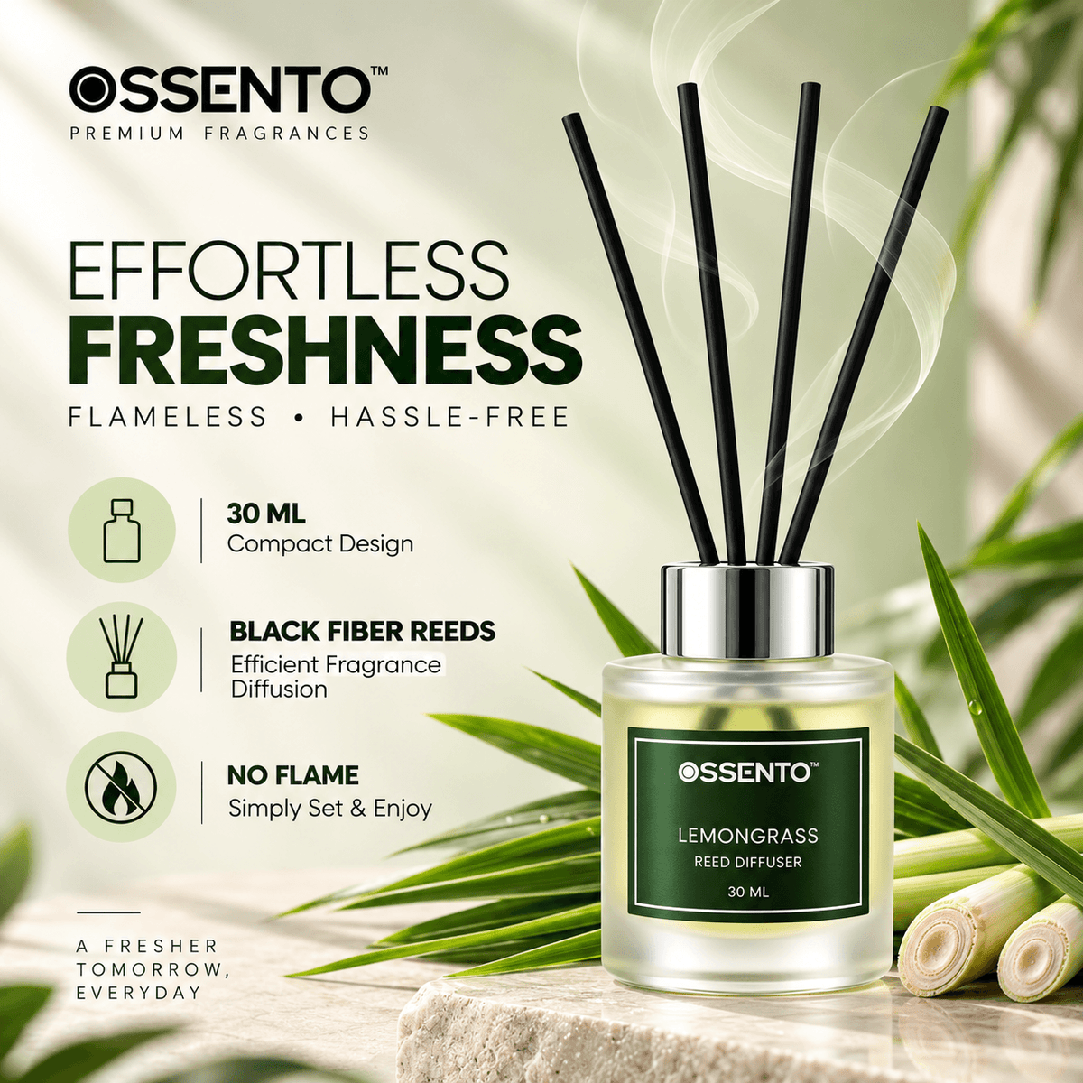 Lemongrass Reed Diffuser for Bathroom & Small Spaces | 30 ml | Long-Lasting Home Fragrance