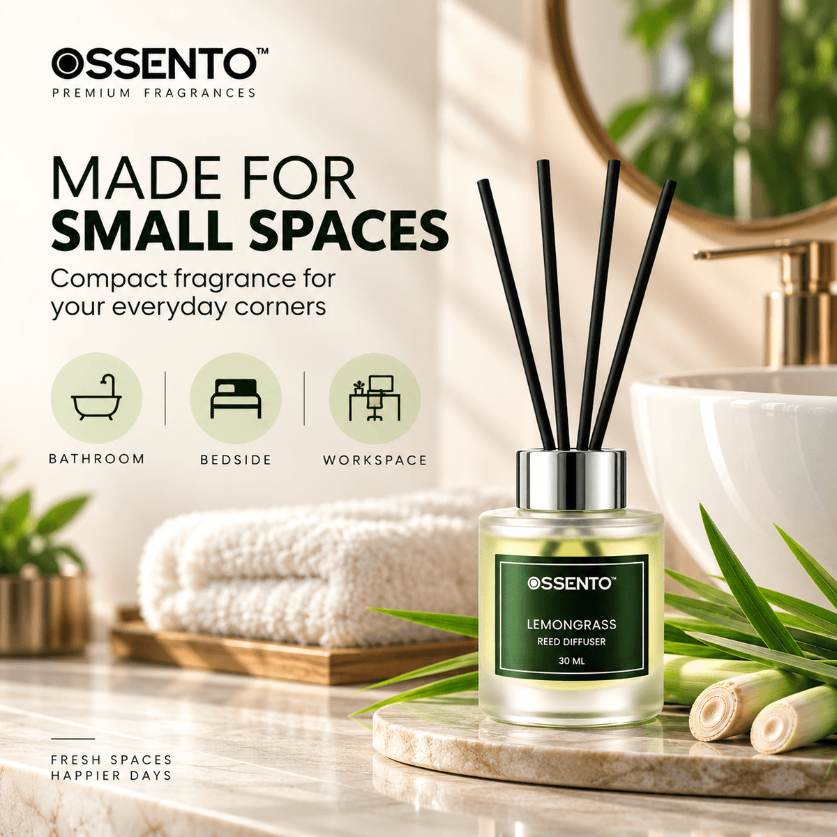 Lemongrass Reed Diffuser for Bathroom & Small Spaces | 30 ml | Long-Lasting Home Fragrance