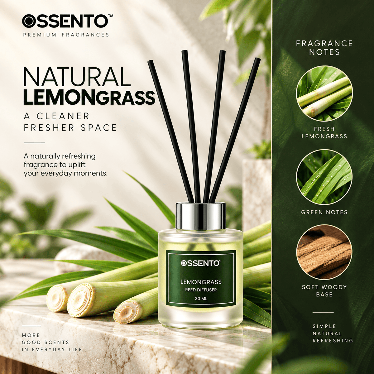 Lemongrass Reed Diffuser for Bathroom & Small Spaces | 30 ml | Long-Lasting Home Fragrance