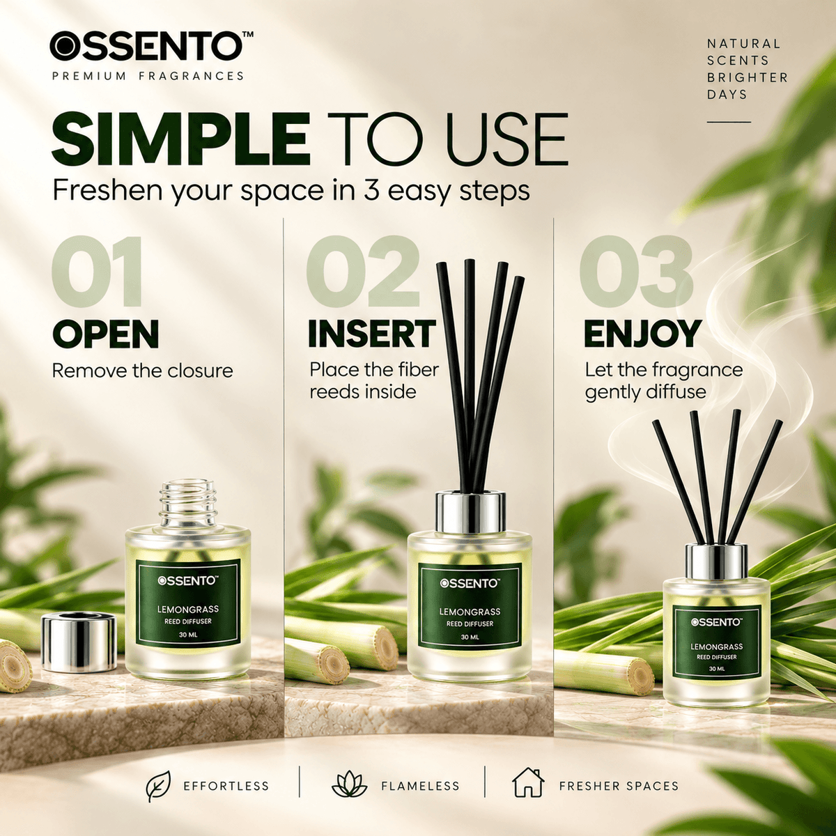 Lemongrass Reed Diffuser for Bathroom & Small Spaces | 30 ml | Long-Lasting Home Fragrance