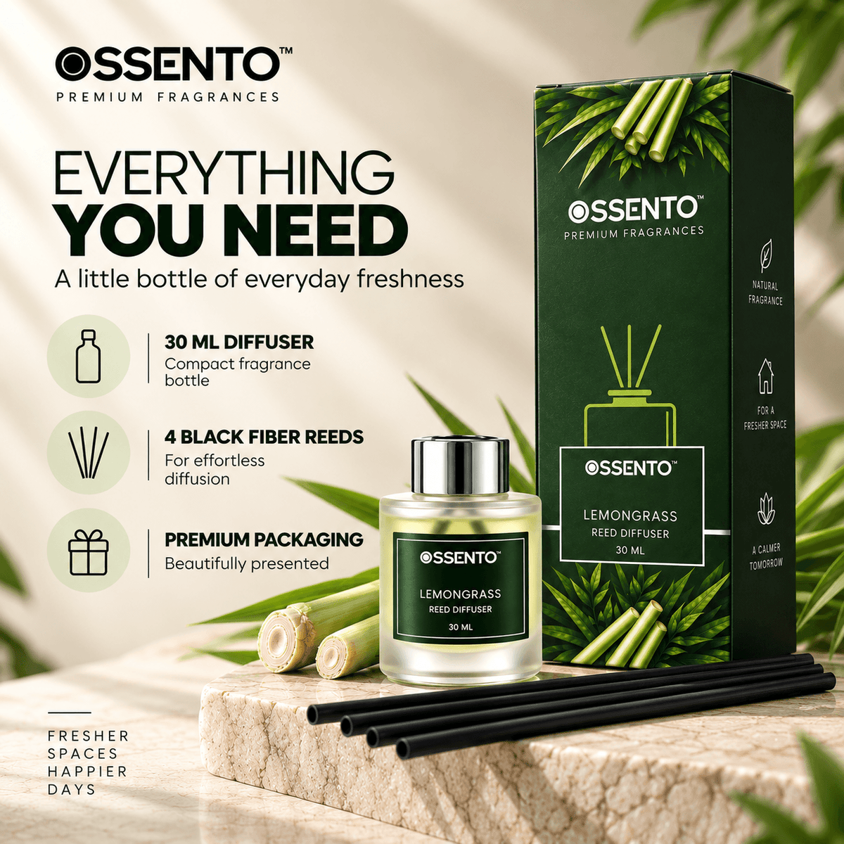 Lemongrass Reed Diffuser for Bathroom & Small Spaces | 30 ml | Long-Lasting Home Fragrance