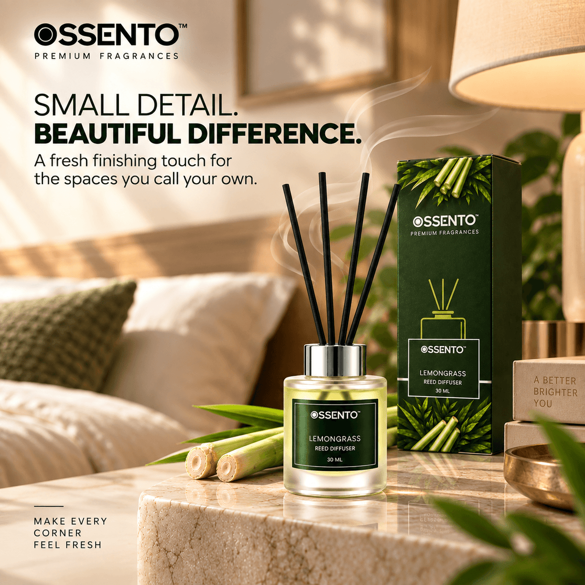 Lemongrass Reed Diffuser for Bathroom & Small Spaces | 30 ml | Long-Lasting Home Fragrance
