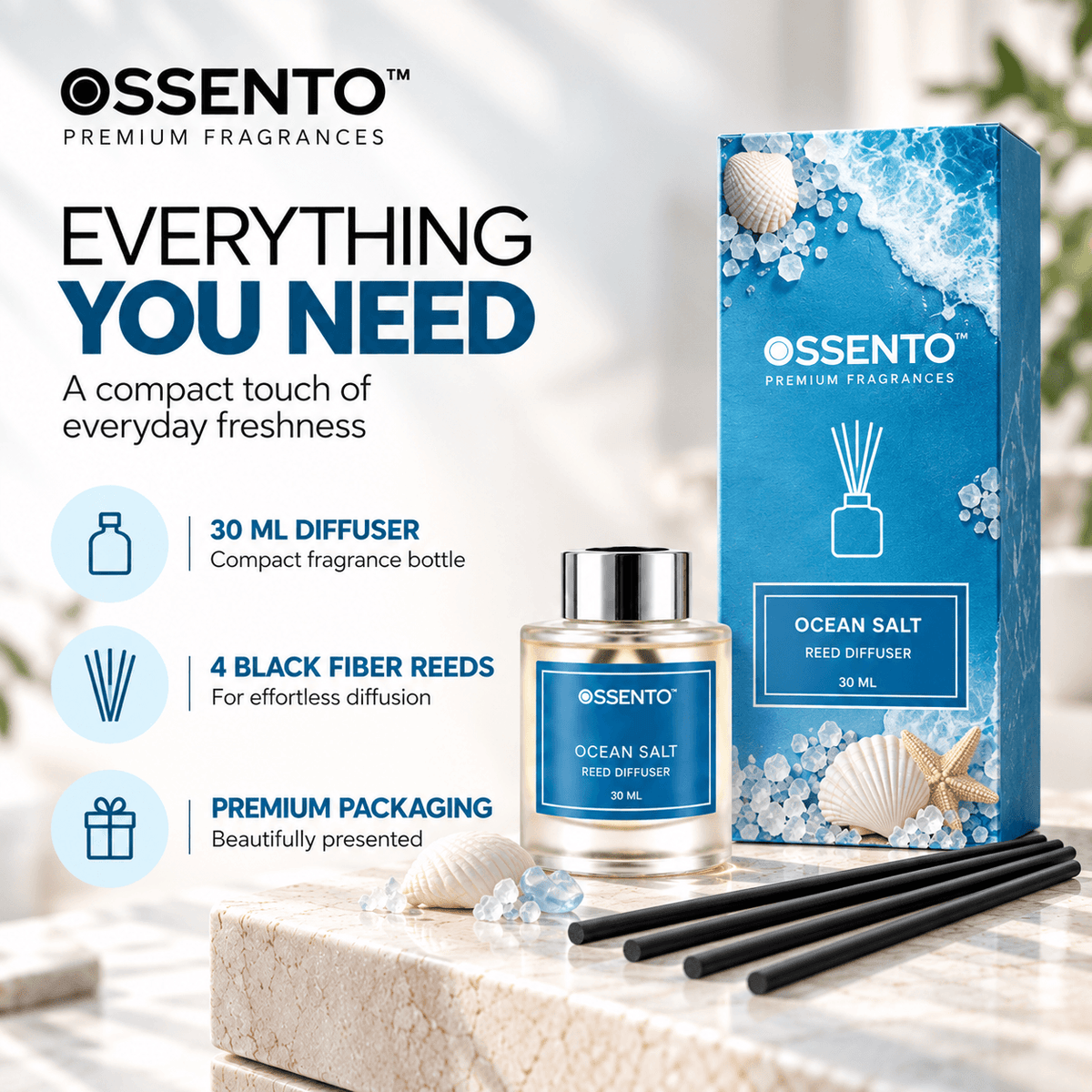 Ocean Salt Reed Diffuser for Bathroom & Small Spaces | 30 ml