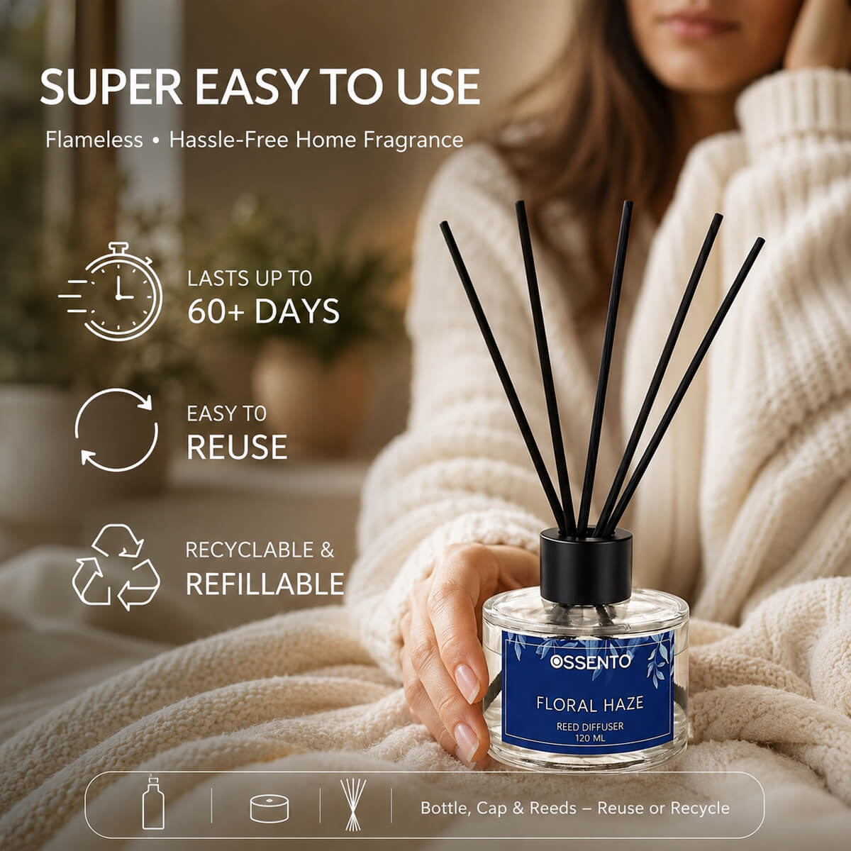 Ossento Luxury Reed Diffuser – 120ml- Floral Haze